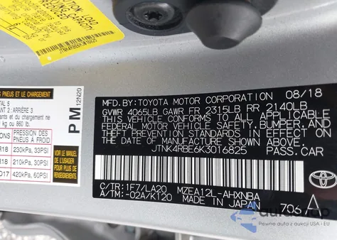 2019 Toyota Corolla Xse z USA, uszkodzony, nr VIN JTNK4RBE6K3016825